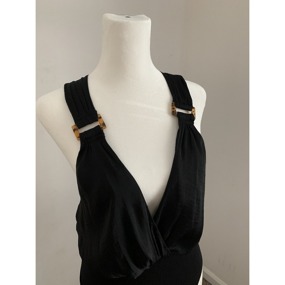 Free People Body Suit Sz XS Black Faux Wrap Tortoise Detail Low Back Resort - Picture 3 of 10